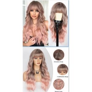 Omelpis Short Khaki Pink Wavy Fashion Wig One Size with Bangs Full and Realistic